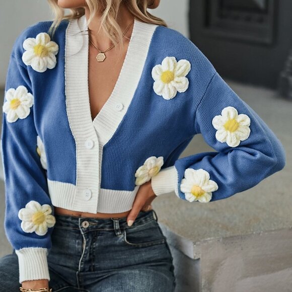 . Sweaters - Blue Boho Womens Appliques Contrast Trim Drop Shoulder Crop Cardigan